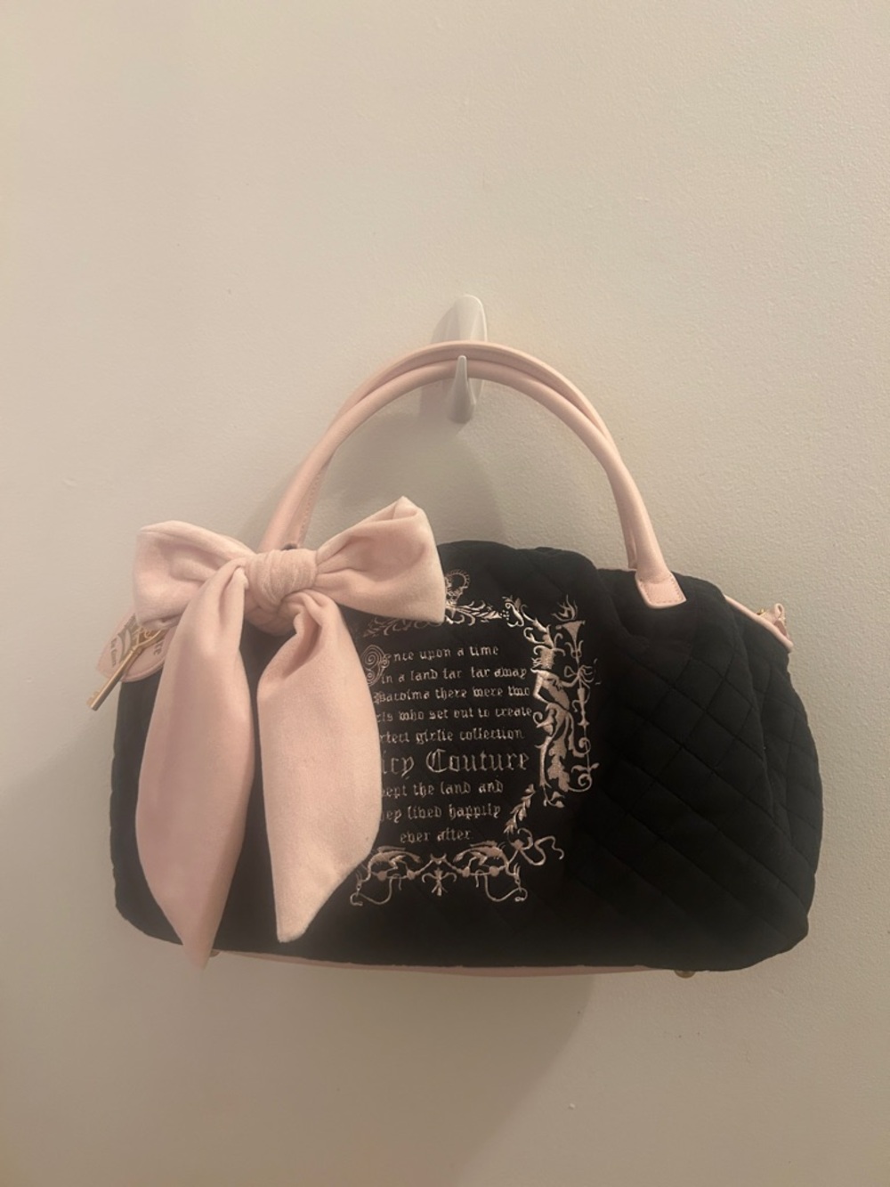 Juicy Couture Black Quilted Satchel with Pink Bow Accent